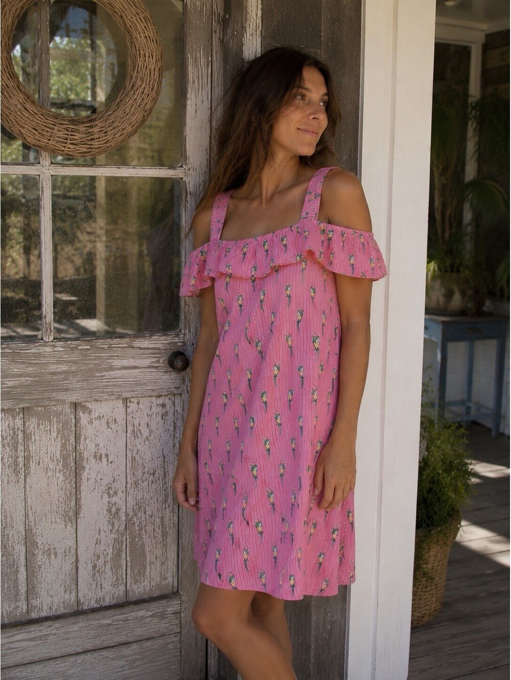 Crown Ivy Women’s Dress Sz XXL Pink Green Parrot Print 100% Cotton Knee Length